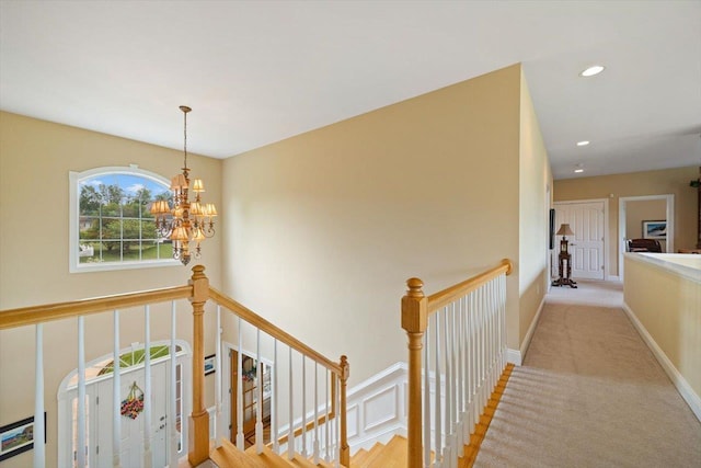 515 Legrande Ave, Waynesboro, VA 22980 - hall with an upstairs landing, a chandelier, recessed lighting, and carpet