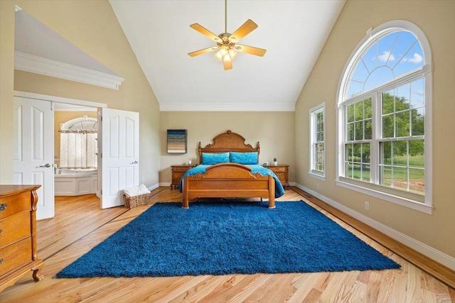 515 Legrande Ave, Waynesboro, VA 22980 - bedroom with high vaulted ceiling, wood finished floors, ensuite bathroom, ceiling fan, and crown molding