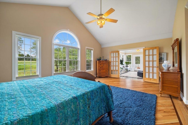 515 Legrande Ave, Waynesboro, VA 22980 - bedroom with french doors, multiple windows, high vaulted ceiling, wood finished floors, and ceiling fan
