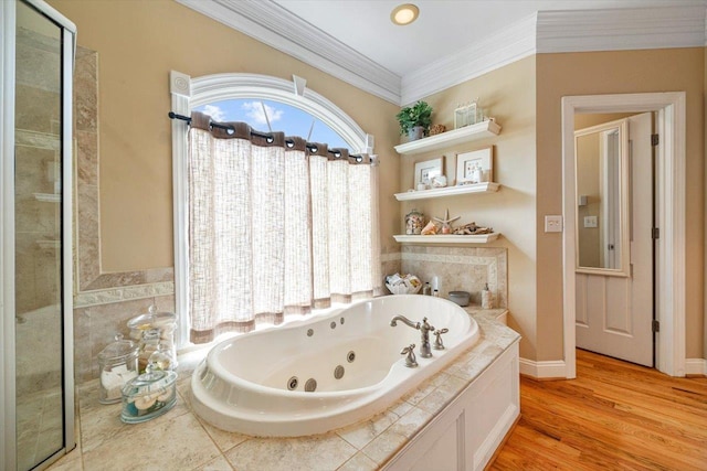 515 Legrande Ave, Waynesboro, VA 22980 - full bathroom with a jetted tub, crown molding, wood finished floors, and a shower stall