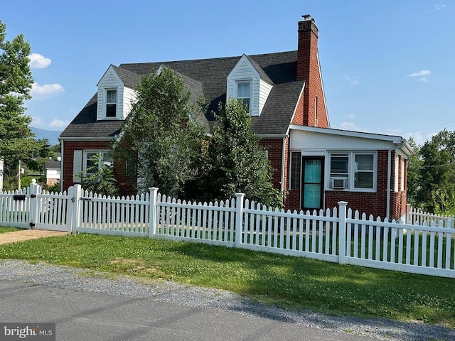 2 Terrace Ln, Luray, VA 22835 - cape cod house featuring brick siding, a fenced front yard, a chimney, and a shingled roof