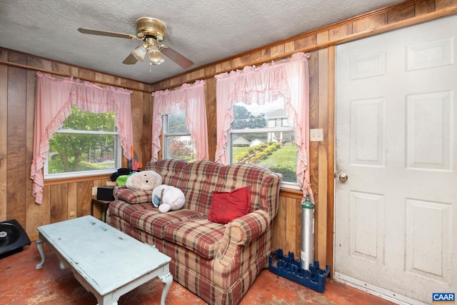 613 6th St, Shenandoah, VA 22849 - living area featuring a textured ceiling, wood walls, ceiling fan, and plenty of natural light