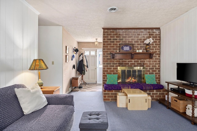 1233 Pinehurst Rd, Staunton, VA 24401 - carpeted living area featuring a textured ceiling and a fireplace