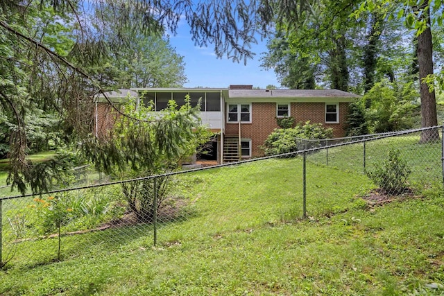 1233 Pinehurst Rd, Staunton, VA 24401 - rear view of house featuring a sunroom, brick siding, a fenced backyard, and stairs