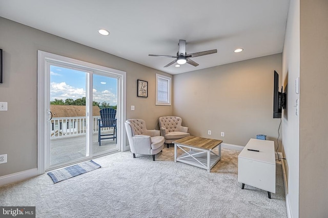 sitting room featuring carpet, ceiling fan, baseboards, and recessed lighting