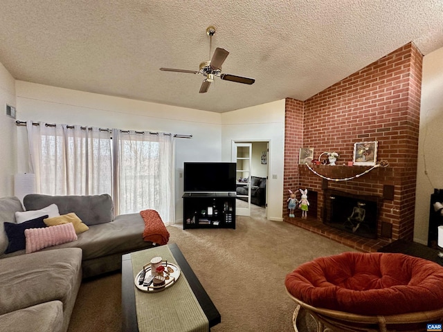 103 Turtle Creek Rd Unit 10, Charlottesville, VA 22901 - living room with carpet flooring, ceiling fan, lofted ceiling, a textured ceiling, and a fireplace
