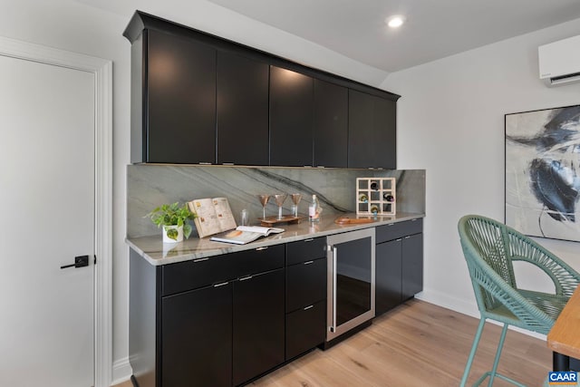 1234 Laconia Ln, Charlottesville, VA 22911 - bar with a wall mounted air conditioner, wine cooler, recessed lighting, light wood-style flooring, and backsplash