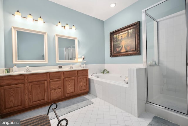 9301 Glascow Dr, Fredericksburg, VA 22408 - bathroom with tile patterned floors, a garden tub, a stall shower, and double vanity