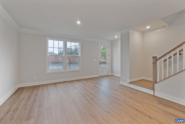 27 Woodburn Rd, Charlottesville, VA 22901 - entryway featuring ornamental molding, stairway, light wood-style floors, and recessed lighting
