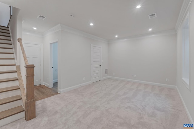 27 Woodburn Rd, Charlottesville, VA 22901 - basement featuring crown molding, stairway, light colored carpet, and recessed lighting