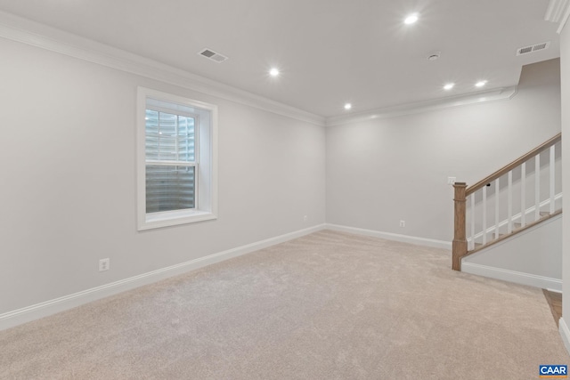 27 Woodburn Rd, Charlottesville, VA 22901 - basement with ornamental molding, light colored carpet, recessed lighting, and stairway