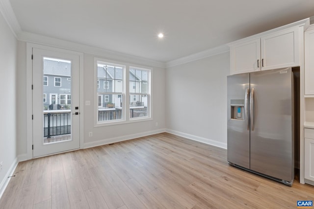 27 Woodburn Rd, Charlottesville, VA 22901 - kitchen featuring stainless steel refrigerator with ice dispenser, ornamental molding, light wood-type flooring, white cabinets, and recessed lighting