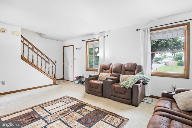 5129 Pecan Dr, Fredericksburg, VA 22407 - living room featuring carpet flooring, stairs, and plenty of natural light