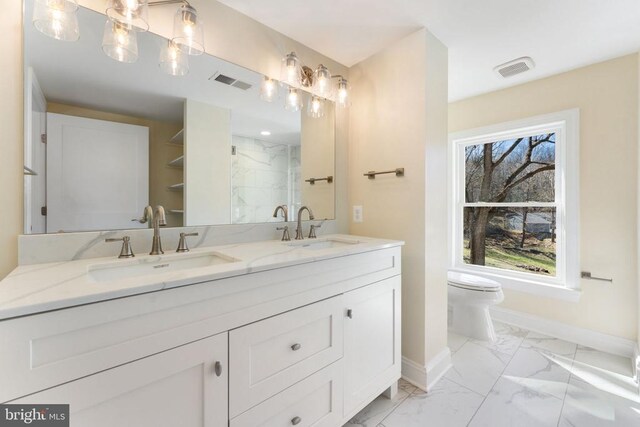 bathroom with vanity, toilet, and walk in shower