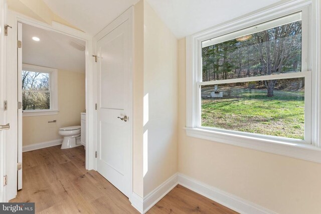 interior space with vaulted ceiling and light hardwood / wood-style flooring