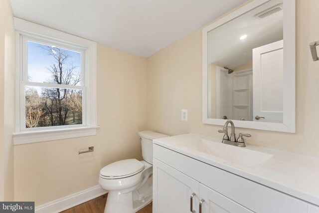 bathroom featuring vanity, toilet, wood-type flooring, and a shower