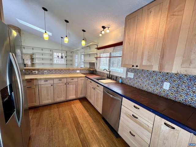 3264 Martin Kings Rd, Charlottesville, VA 22903 - kitchen with wood finished floors, a sink, open shelves, stainless steel appliances, and butcher block counters