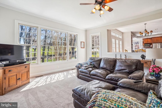 carpeted living room featuring a chandelier, crown molding, ceiling fan, and baseboards