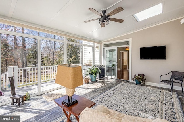 3617 Hidden Acres Way, Partlow, VA 22534 - sunroom featuring a ceiling fan, lofted ceiling, and healthy amount of natural light