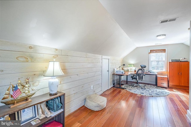 3617 Hidden Acres Way, Partlow, VA 22534 - office featuring wood-type flooring, lofted ceiling, and wood walls