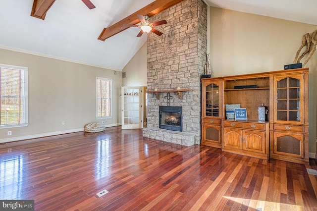 3617 Hidden Acres Way, Partlow, VA 22534 - living area with ceiling fan, wood finished floors, a fireplace, beamed ceiling, and high vaulted ceiling