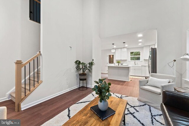 5925 Stubbs Bridge Rd, Mineral, VA 23117 - living area featuring wood finished floors, stairway, and a towering ceiling