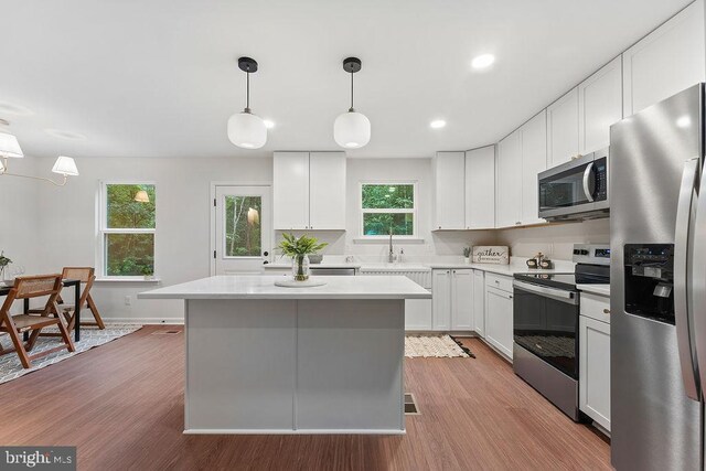 5925 Stubbs Bridge Rd, Mineral, VA 23117 - kitchen with stainless steel appliances, light countertops, light wood-style floors, a center island, and white cabinetry