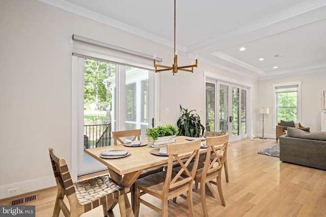 11606 Little Bay Harbor Way, Spotsylvania, VA 22551 - dining area featuring light wood-style flooring, crown molding, a chandelier, recessed lighting, and french doors