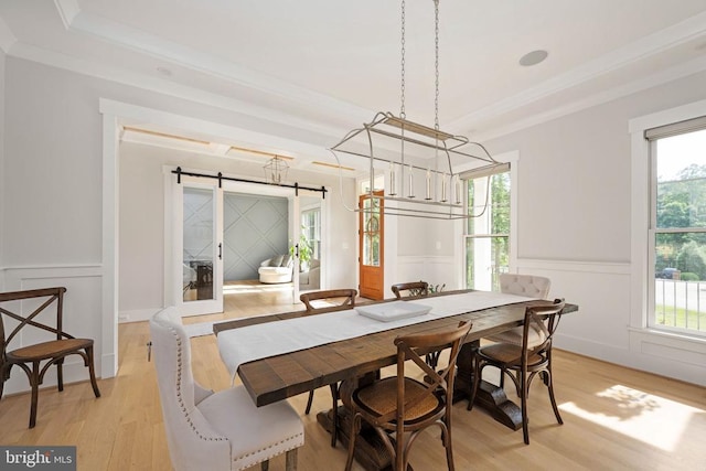 11606 Little Bay Harbor Way, Spotsylvania, VA 22551 - dining room featuring a raised ceiling, a barn door, light wood-style flooring, a decorative wall, and healthy amount of natural light
