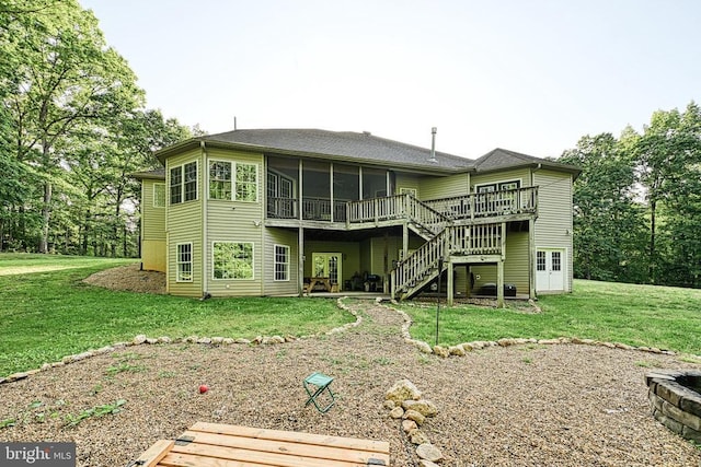 520 Oak Grove Dr, Mineral, VA 23117 - back of house featuring a sunroom, stairs, a deck, a lawn, and a shingled roof