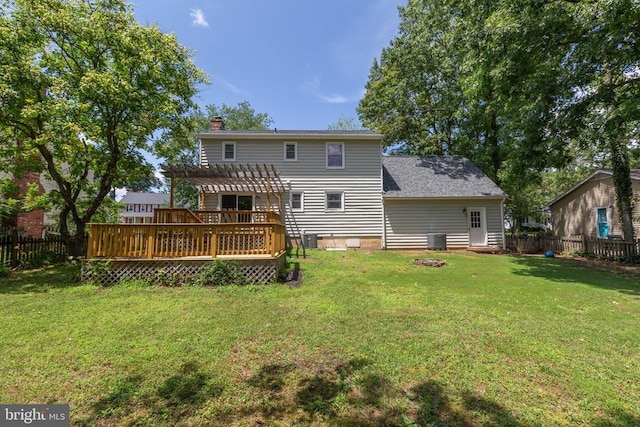 5310 Leavells Crossing Dr, Fredericksburg, VA 22407 - rear view of property with a pergola, a wooden deck, a fenced backyard, and a chimney