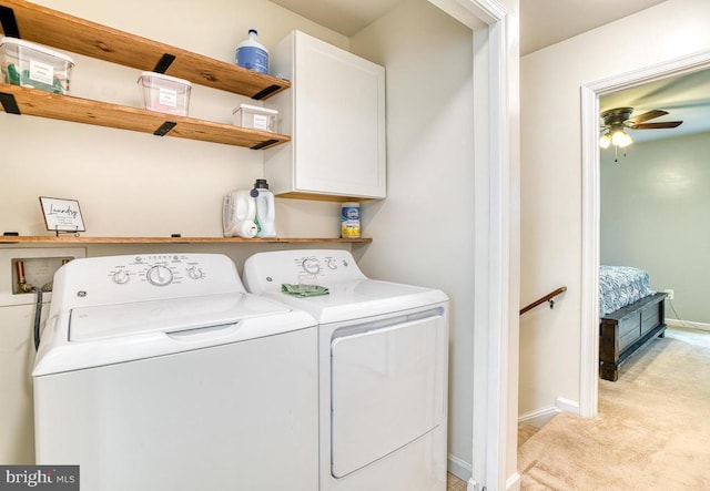 1905 Crepe Myrtle Ln, Culpeper, VA 22701 - laundry area with cabinet space, independent washer and dryer, ceiling fan, and light colored carpet
