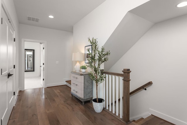3247 Preston Shore Dr Unit 18D, Rockingham, VA 22801 - corridor with an upstairs landing, dark wood-type flooring, recessed lighting, and baseboards