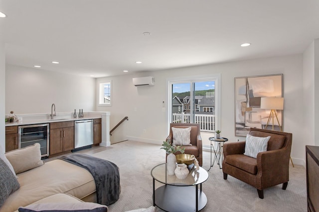 3247 Preston Shore Dr Unit 18D, Rockingham, VA 22801 - living area with wine cooler, light carpet, a wall mounted AC, plenty of natural light, and recessed lighting