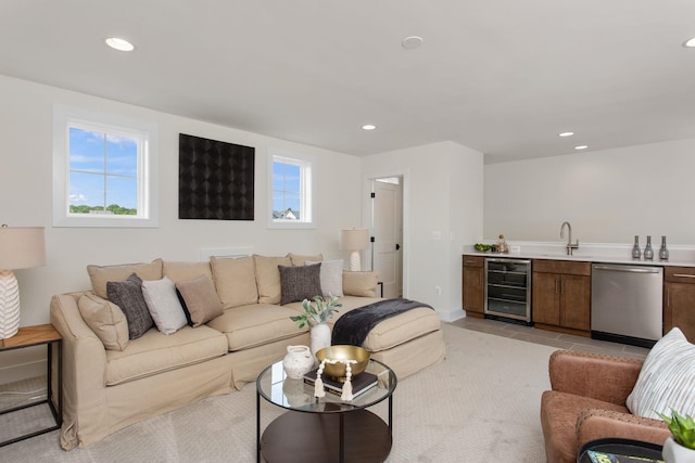 3247 Preston Shore Dr Unit 18D, Rockingham, VA 22801 - living room featuring wine cooler, wet bar, recessed lighting, light tile patterned flooring, and baseboards