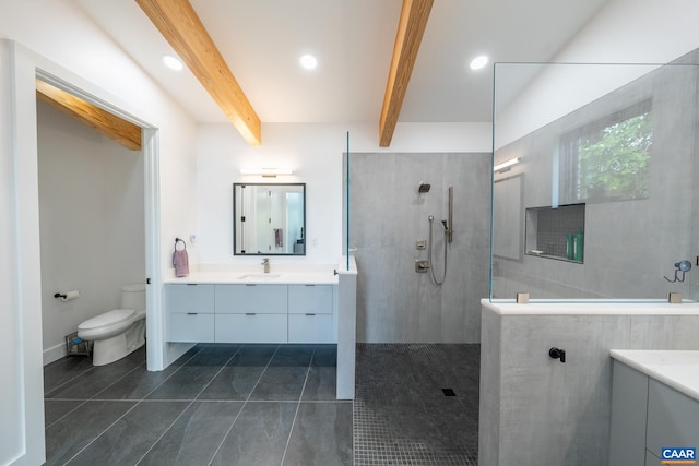 320A 11th St NE, Charlottesville, VA 22902 - bathroom featuring vanity, a walk in shower, beam ceiling, tile patterned floors, and toilet