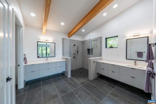 320A 11th St NE, Charlottesville, VA 22902 - full bathroom with plenty of natural light, a walk in shower, recessed lighting, tile patterned flooring, and two vanities