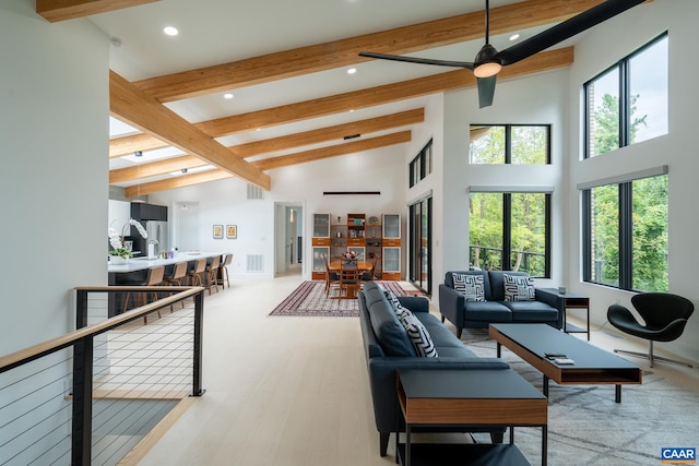 320A 11th St NE, Charlottesville, VA 22902 - living area with beam ceiling, recessed lighting, healthy amount of natural light, ceiling fan, and high vaulted ceiling