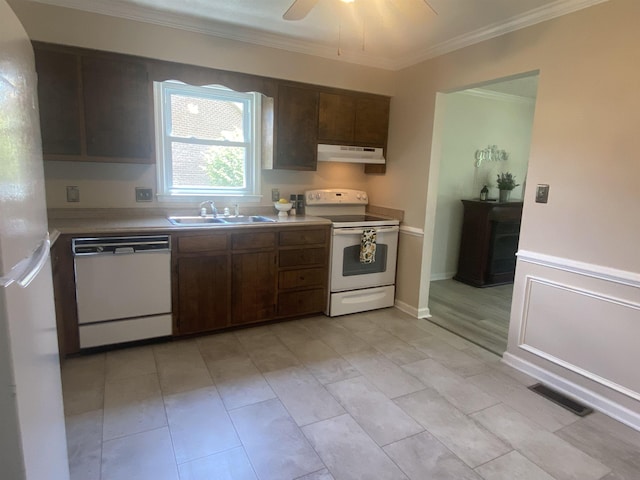 6 Bingham St, Verona, VA 24482 - kitchen with white appliances, under cabinet range hood, light countertops, crown molding, and a ceiling fan