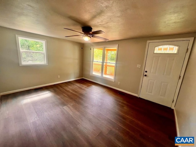 entrance foyer with a wealth of natural light, baseboards, a ceiling fan, and dark wood-type flooring