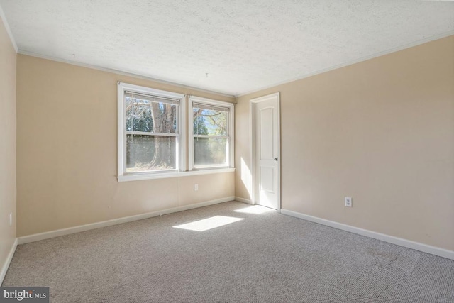 carpeted spare room with baseboards, crown molding, and a textured ceiling