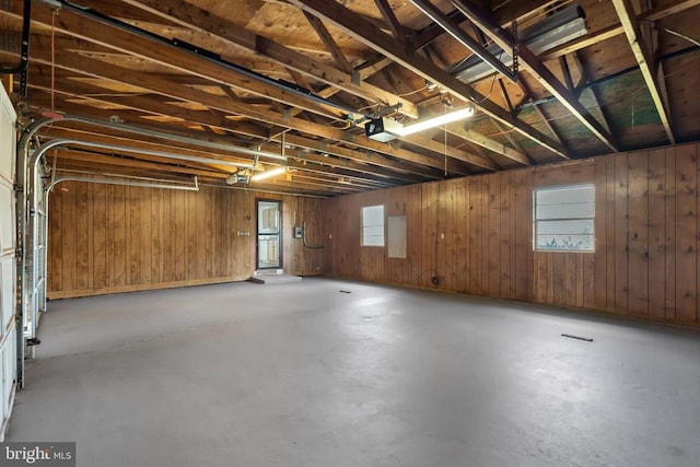 below grade area with wood walls and a garage