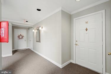 entryway featuring ornamental molding, dark colored carpet, and baseboards