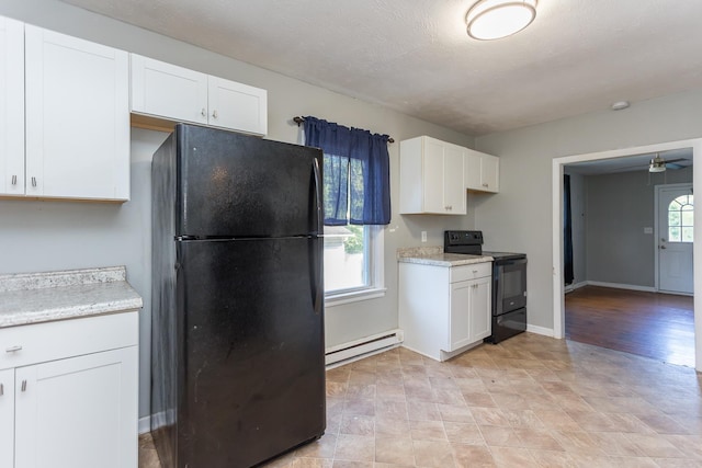 99 Sharp Hill Ln, Hinton, VA 22831 - kitchen featuring black appliances, a baseboard heating unit, white cabinetry, ceiling fan, and light stone countertops