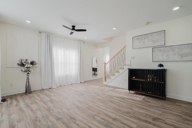 728 Mason St, Dayton, VA 22821 - unfurnished living room featuring stairway, ceiling fan, wood finished floors, baseboards, and recessed lighting