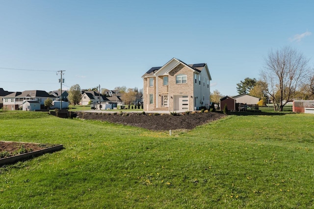 728 Mason St, Dayton, VA 22821 - view of side of home featuring solar panels, a residential view, brick siding, and a lawn