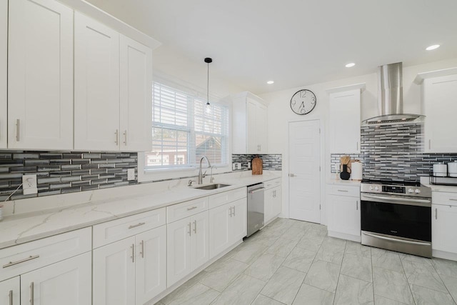 728 Mason St, Dayton, VA 22821 - kitchen featuring a sink, stainless steel appliances, white cabinetry, backsplash, and wall chimney range hood