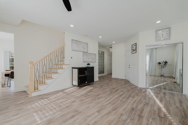 728 Mason St, Dayton, VA 22821 - unfurnished living room featuring wood finished floors, stairway, recessed lighting, baseboards, and ceiling fan
