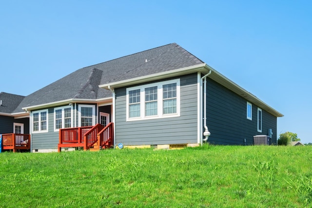 795 Barrows Ct, Mcgaheysville, VA 22840 - rear view of property with central air condition unit, a wooden deck, crawl space, roof with shingles, and a yard