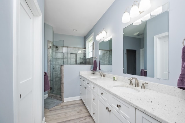 795 Barrows Ct, Mcgaheysville, VA 22840 - full bathroom with double vanity, a shower stall, and wood finished floors
